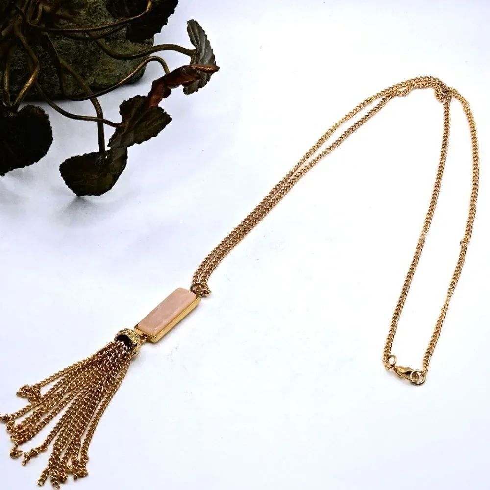 "5/$40" Goldtone Pink Acrylic Rectangle Long Tassel Necklace